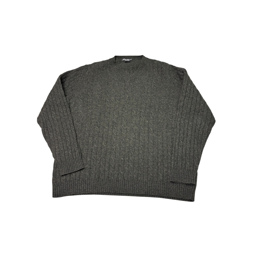 Eddie Bauer Mens Large Charcoal Grey 100% Lambswool Cable Knit V-Neck Sweater
